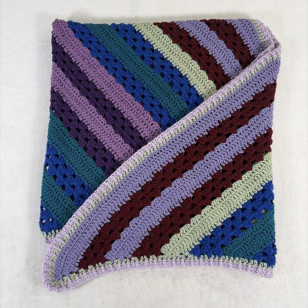 47" Shawl Wrap - Multi-Colored Striped - Handmade Hand Crochet Knit Bnft Charity